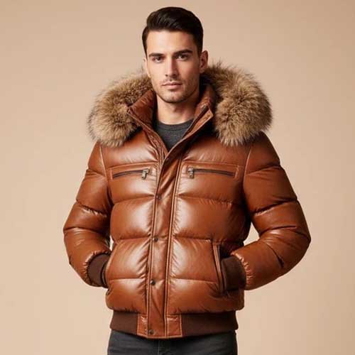 men's quilted leather puffer winter coat with a hood.
