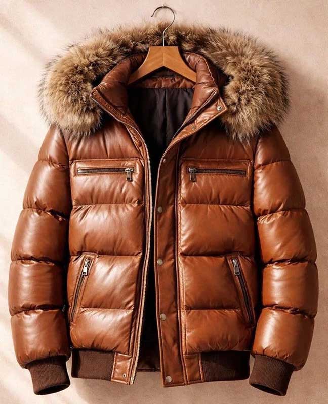 faux fur hood on a genuine sheep leather jacket.