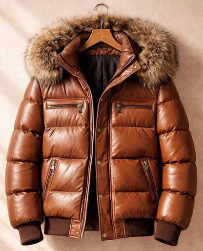 faux fur hood on a genuine sheep leather jacket.
