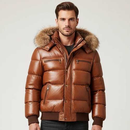 Detail of the quilted panels on a men's leather puffer jacket.