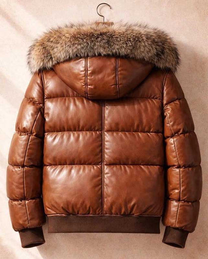 Men's hooded sheep leather puffer jacket styled for cold-weather fashion.