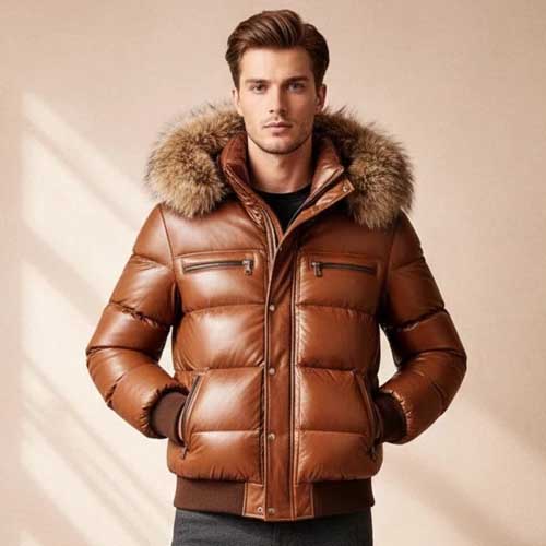 Men's genuine sheep leather puffer jacket with a faux fur hood.