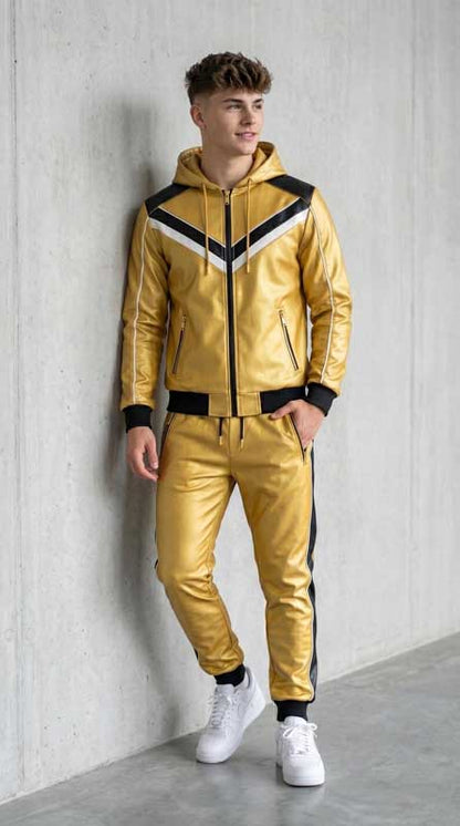 Men’s Metallic Gold Sheepskin Leather Hooded Tracksuit Set