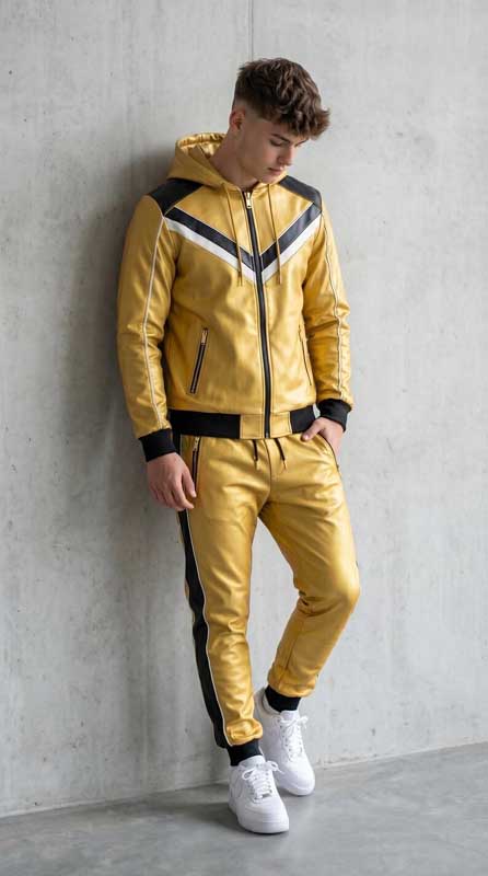 Men’s Metallic Gold Sheepskin Leather Hooded Tracksuit Set