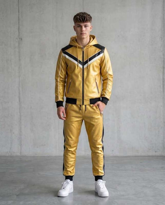 Men’s Metallic Gold Sheepskin Leather Hooded Tracksuit Set - 3amoto shop