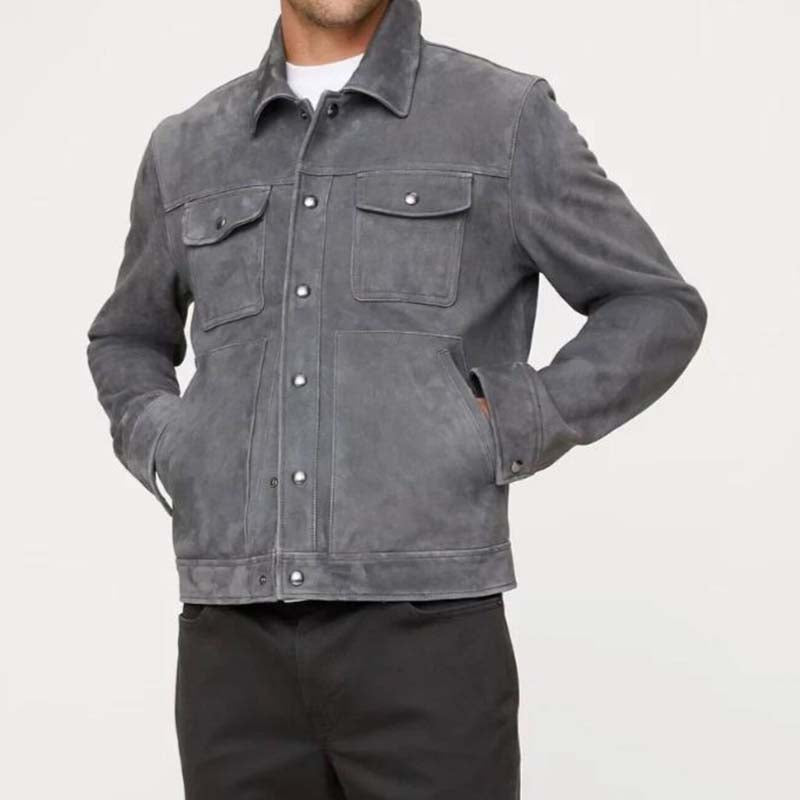 Men's gray pure suede leather trucker jacket with button-front closure