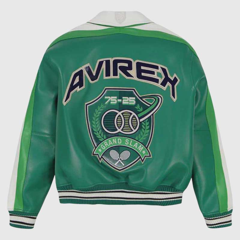 Green varsity bomber jacket featuring contrasting green colorblock panels.