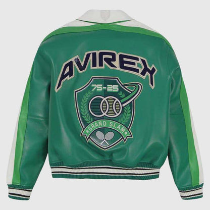 Green varsity bomber jacket featuring contrasting green colorblock panels.