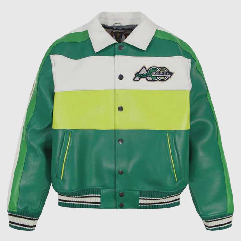 Men's green colorblock varsity leather bomber jacket with retro styling.