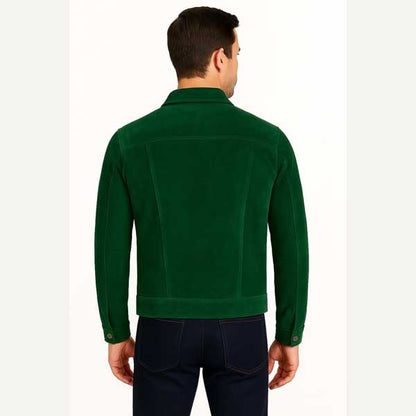 Mens Green Sheepskin Suede Trucker Leather Jacket
