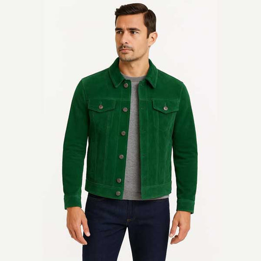 Mens Green Sheepskin Suede Trucker Leather Jacket - 3amoto shop