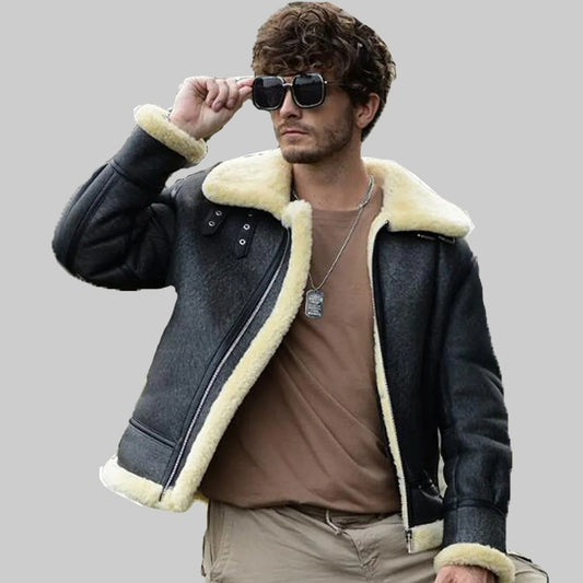 Men's Grey Merino Sheepskin Shearling Jacket - Fashion Leather Jackets USA - 3AMOTO