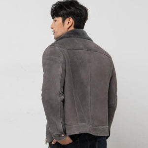 Men's Grey Shearling Jacket - Leather with Fur Lining