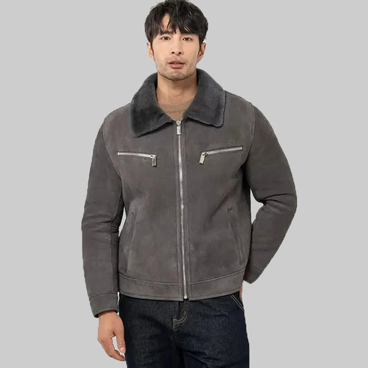 Men's Grey Shearling Jacket - Leather with Fur Lining - Fashion Leather Jackets USA - 3AMOTO