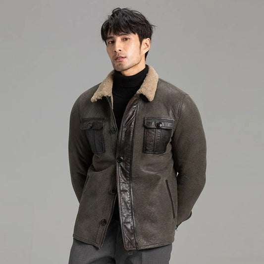 Men's Grey Shearling Jacket - Warm Winter Sheepskin Coat - 3amoto shop