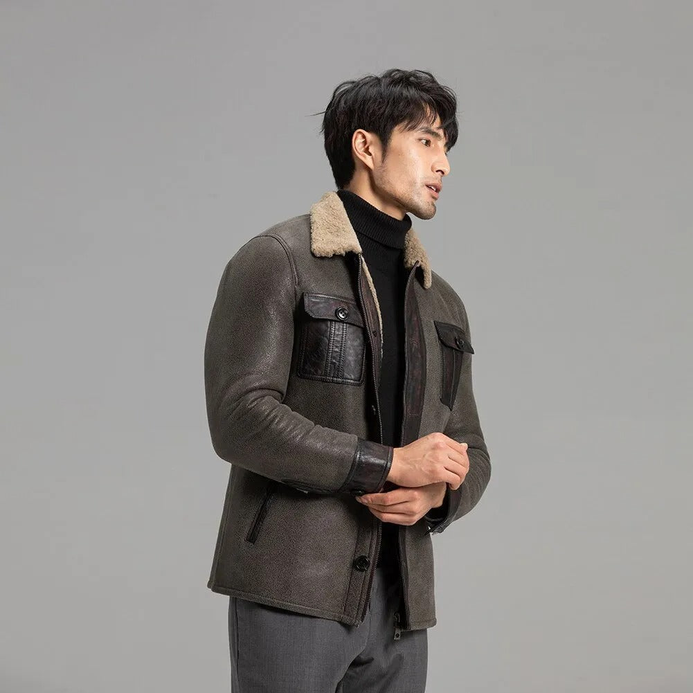 Men's Grey Shearling Jacket Warm Winter Sheepskin Coat