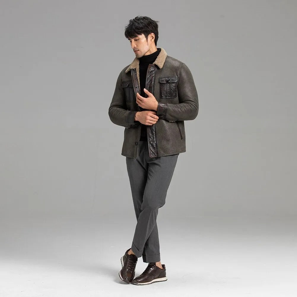 Men's Grey Shearling Jacket - Warm Winter Sheepskin Coat