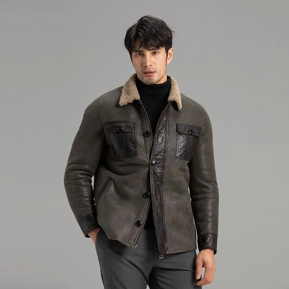 Men's Grey Shearling Jacket - Warm Winter Sheepskin Coat