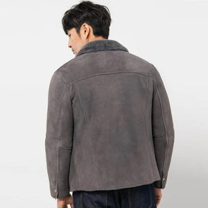 Men's Grey Shearling Lapel Collar Sheepskin Coat - Suede Leather Jacket