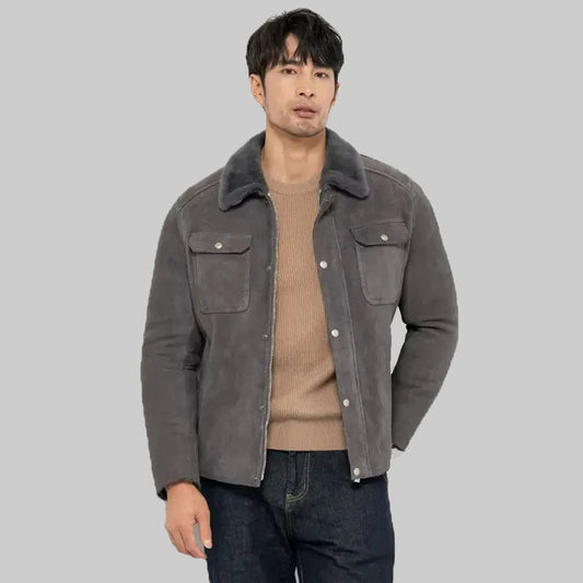 Men's Grey Shearling Lapel Collar Sheepskin Coat - Suede Leather Jacket - Fashion Leather Jackets USA - 3AMOTO