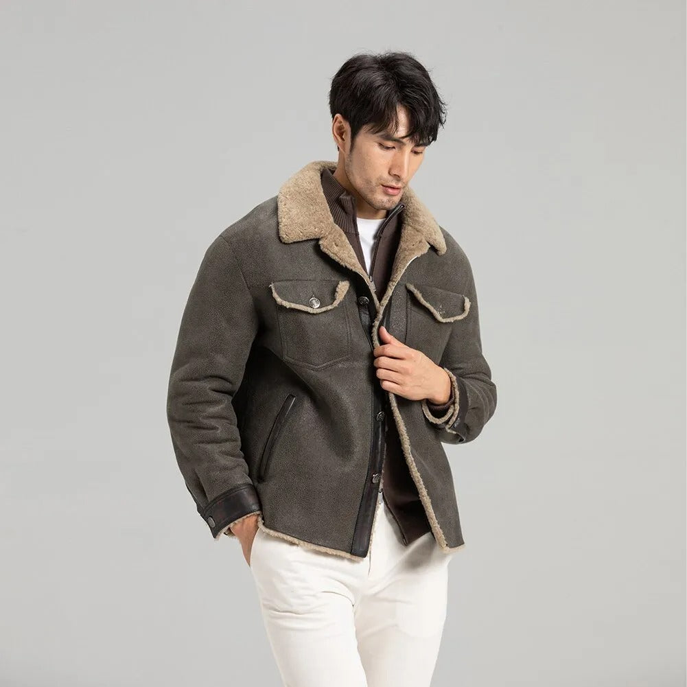 Men's Grey Shearling Jacket - Leather Trucker Jacket