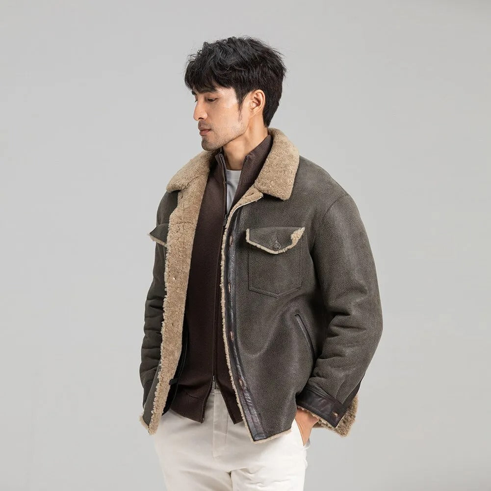 Men's Grey Shearling Jacket - Leather Trucker Jacket