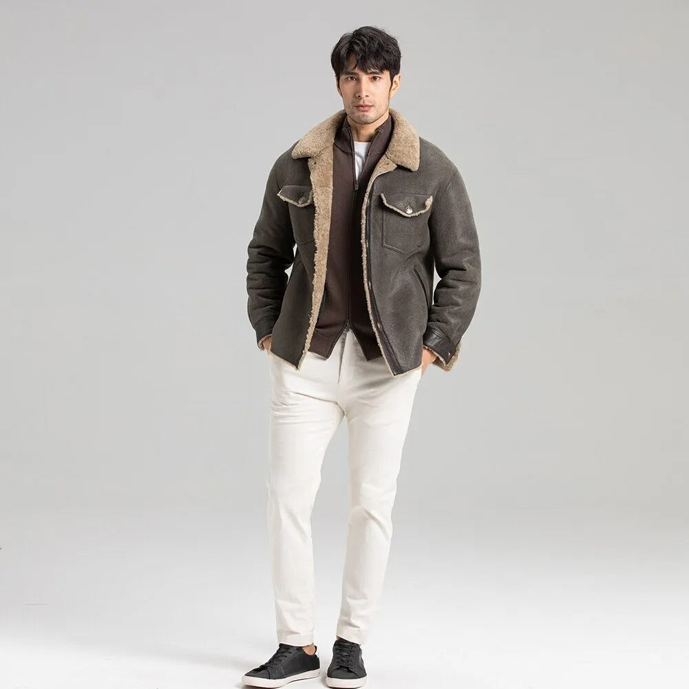 Men's Grey Shearling Jacket - Leather Trucker Jacket