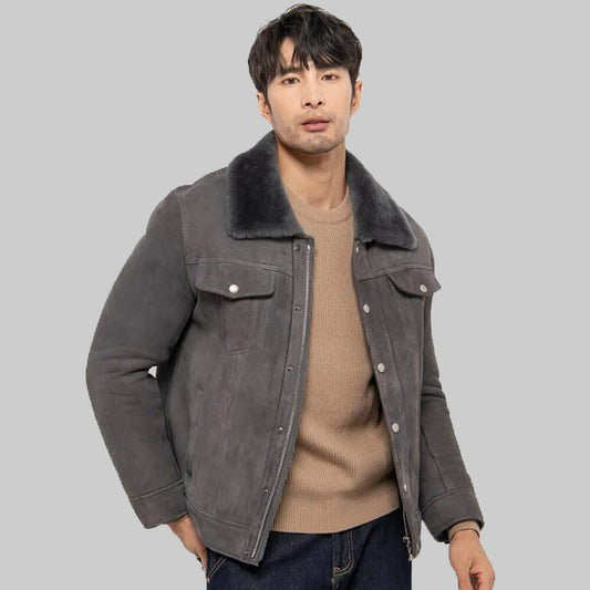 Men's Grey Shearling Suede Jacket - Sheepskin Coat - 3amoto shop