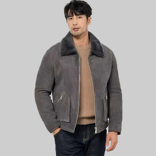 Men's Grey Suede Shearling Jacket - Sheepskin Leather Coat - Fashion Leather Jackets USA - 3AMOTO