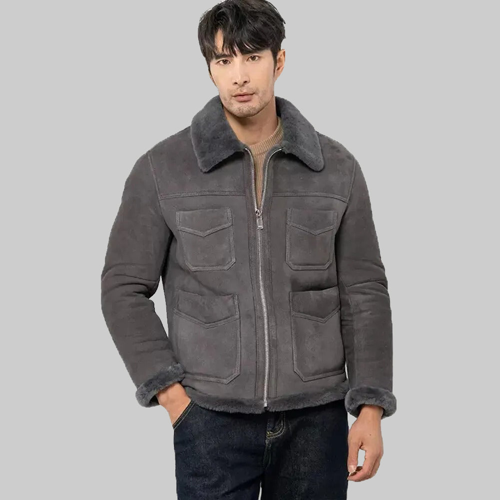 Men's Grey Suede Shearling Jacket - Winter Thick Jacket