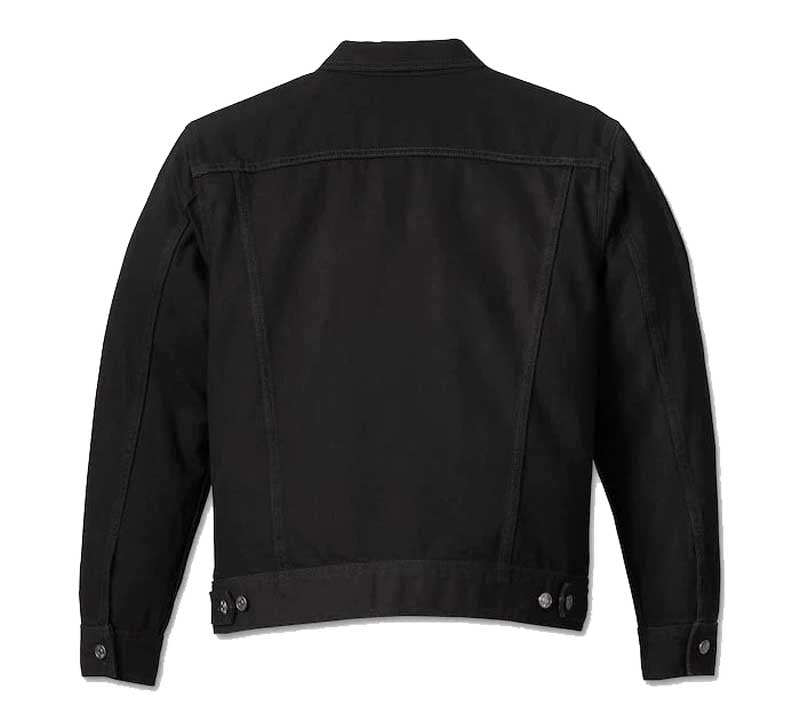 black Harley-Davidson denim jacket with button-front closure.