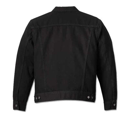 black Harley-Davidson denim jacket with button-front closure.