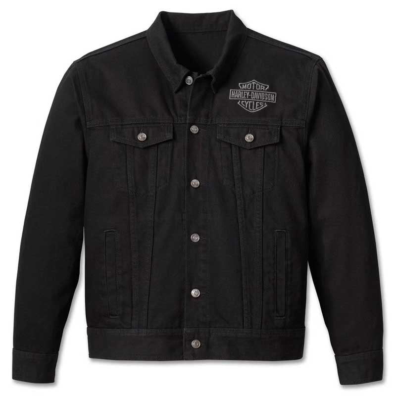 Men's Harley-Davidson black cotton denim jacket with tonal embroidered branding.