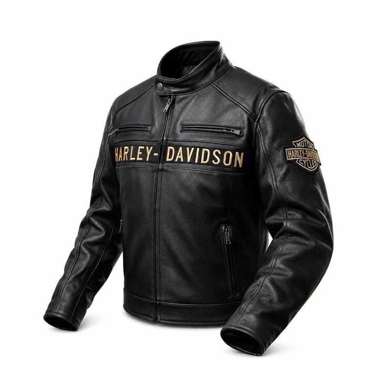 Men's Harley-Davidson black leather racing jacket with gold logo patches.