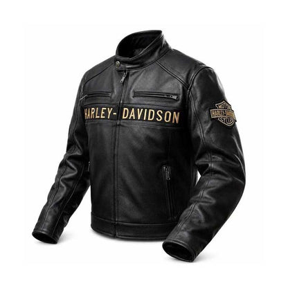 Men's Harley-Davidson black leather racing jacket with gold logo patches.