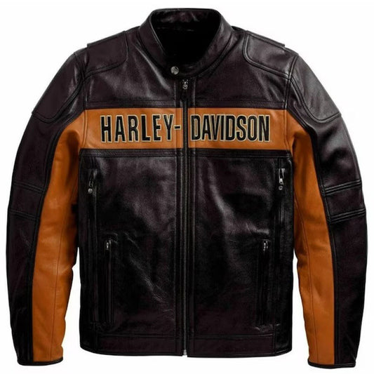 Shop Men's Harley Davidson Black & Orange Biker Leather Jacket - Fashion Leather Jackets USA - 3AMOTO