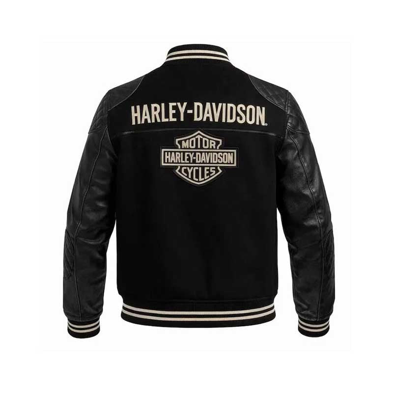 Harley-Davidson inspired varsity bomber jacket with snap-button closure.
