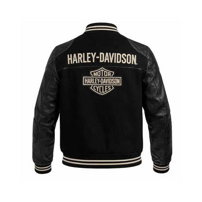 Harley-Davidson inspired varsity bomber jacket with snap-button closure.
