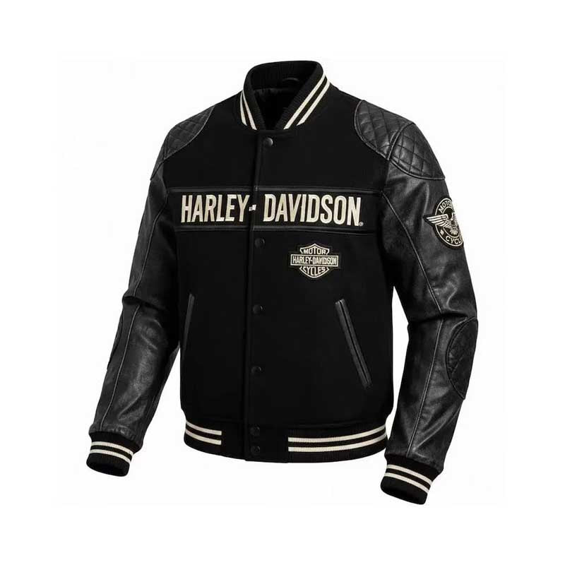 Men's Harley-Davidson inspired black varsity leather jacket with contrasting sleeves.