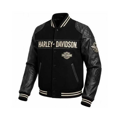Men's Harley-Davidson inspired black varsity leather jacket with contrasting sleeves.