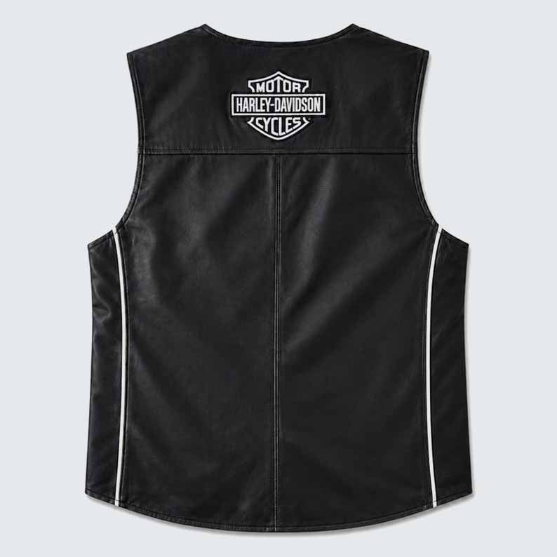 Men's Black Genuine Leather Harley Davidson Motorcycle Vest with Front Zipper
