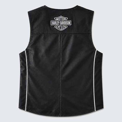 Men's Black Genuine Leather Harley Davidson Motorcycle Vest with Front Zipper