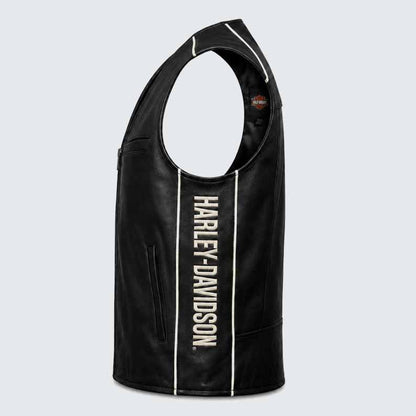 Men's Black Genuine Leather Harley Davidson Motorcycle Vest with Front Zipper