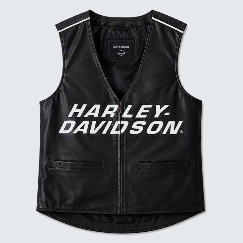Men's Black Genuine Leather Harley Davidson Motorcycle Vest with Front Zipper