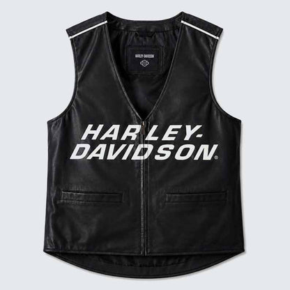 Men's Black Genuine Leather Harley Davidson Motorcycle Vest with Front Zipper
