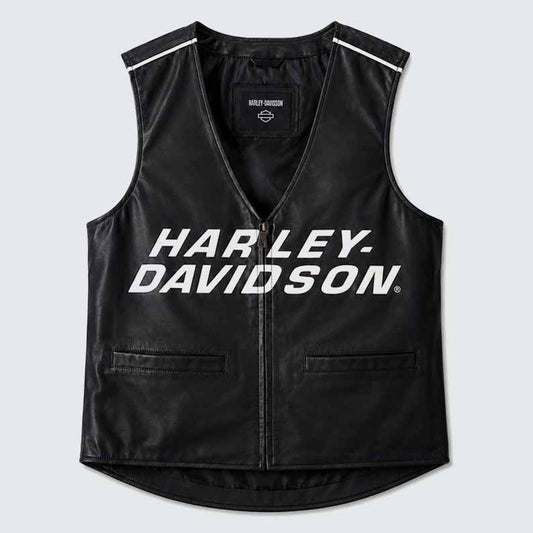 Men's Black Genuine Leather Harley Davidson Motorcycle Vest with Front Zipper - 3amoto shop