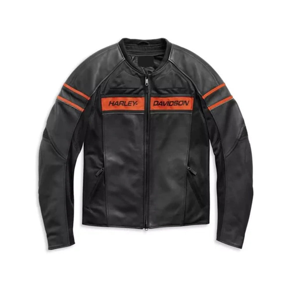 Men's Harley-Davidson Rare Racing black leather jacket with orange chest graphics.