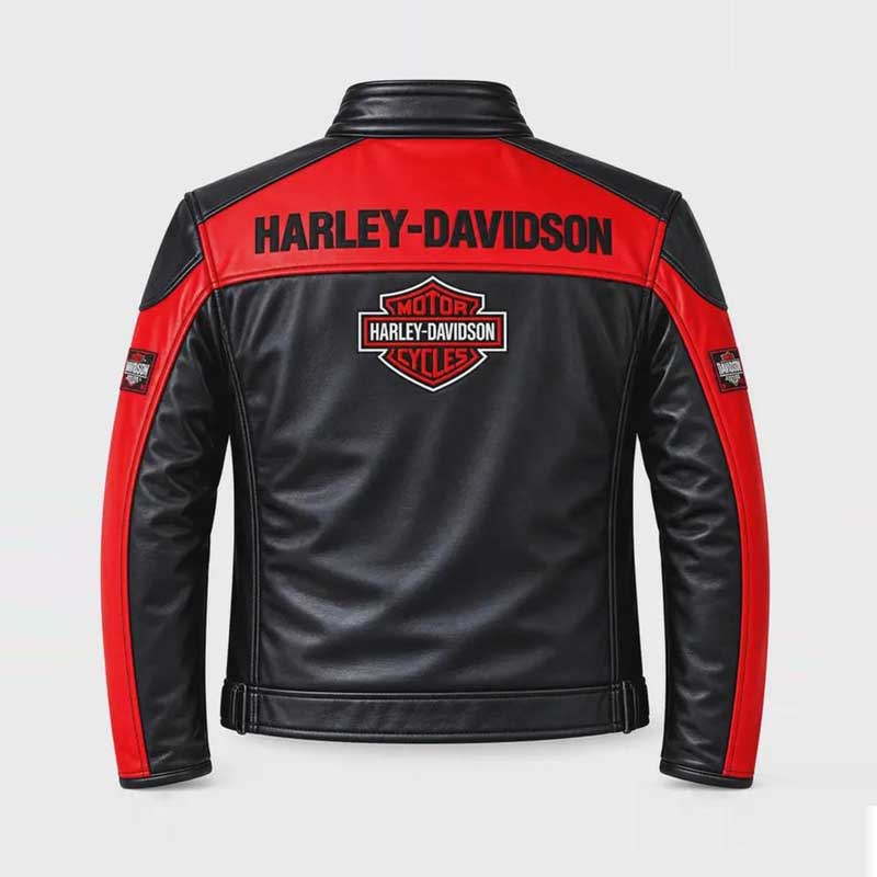 Harley-Davidson red and black leather biker jacket with logo patches.