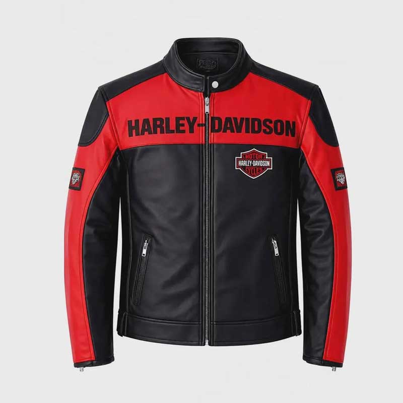 Men's Harley-Davidson red and black genuine cowhide leather motorcycle jacket.
