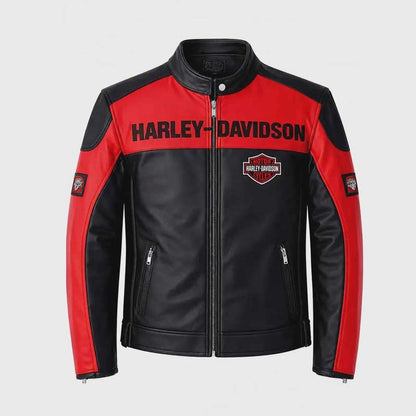 Men's Harley-Davidson red and black genuine cowhide leather motorcycle jacket.